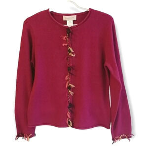 Susan Bristol Y2K Vintage Hand Embroidered Pink Button Up Fringe Cardigan Medium